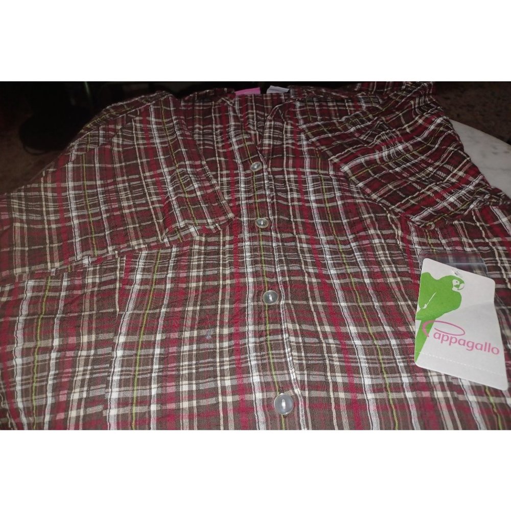 Cappagallo Women's Button-Up Shirt NWT Short Sleeve Medium Red Brown Plaid